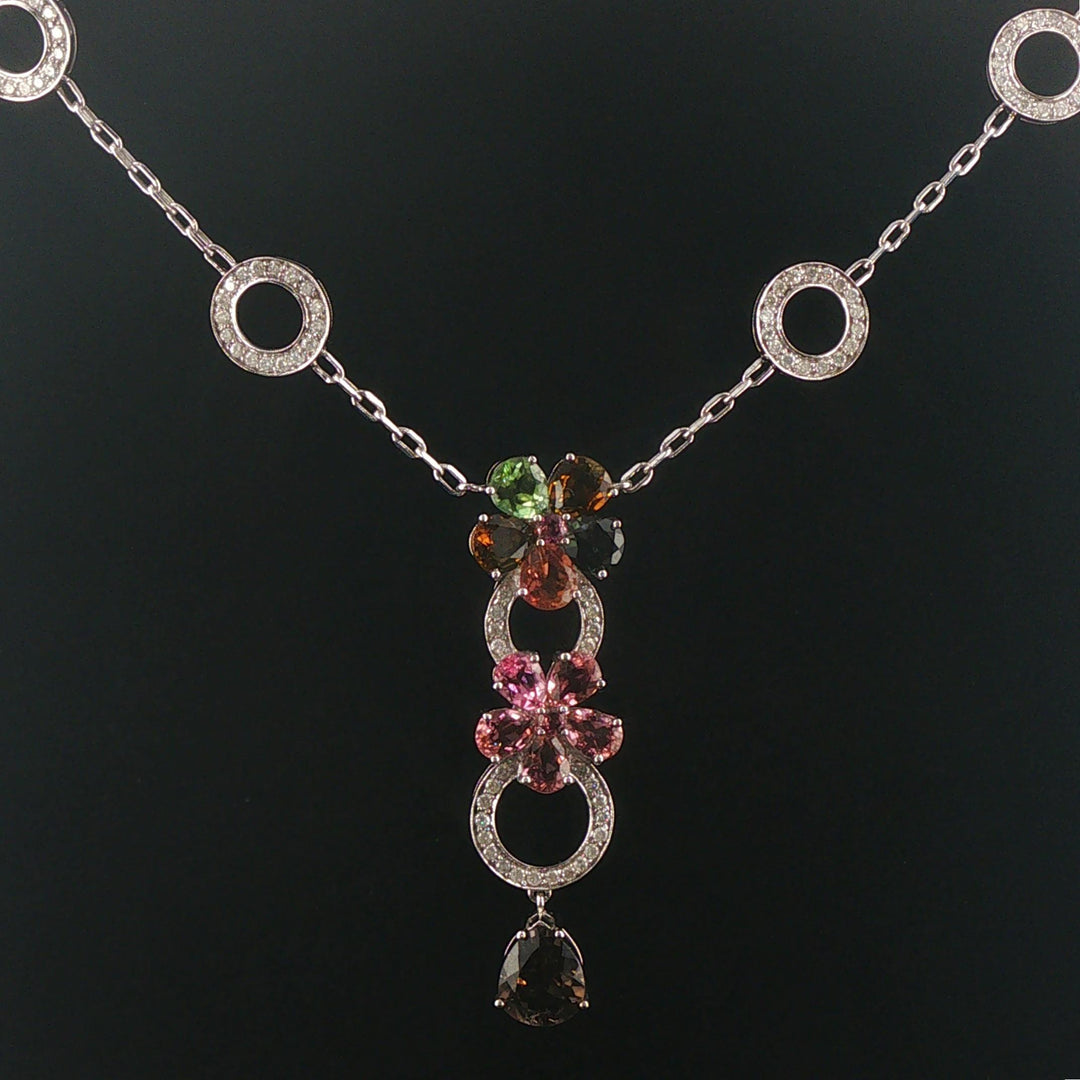 14k White Gold Multi Gemstone and Diamond Circle Station Pendant Necklace 17"