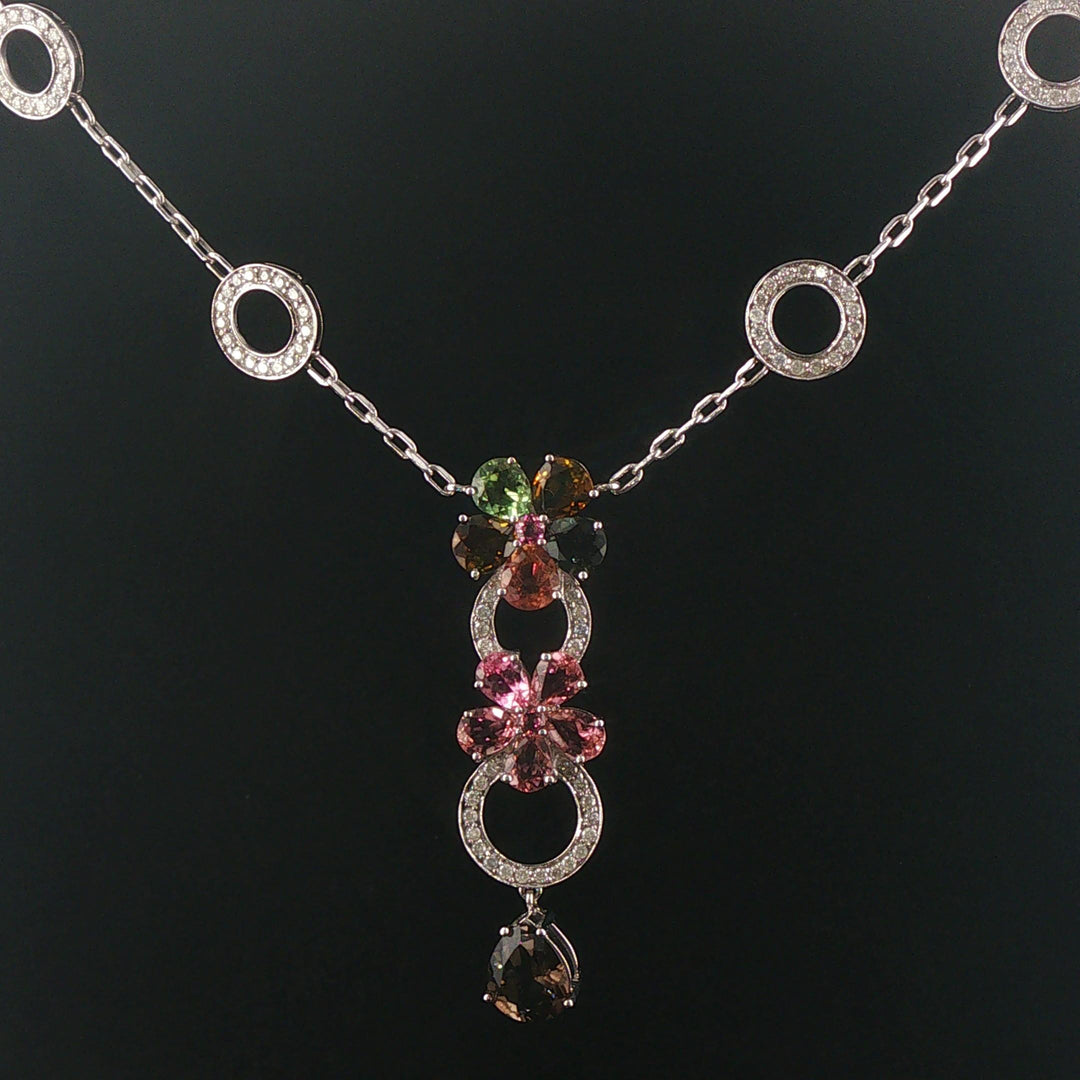 14k White Gold Multi Gemstone and Diamond Circle Station Pendant Necklace 17"