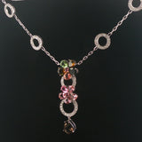 14k White Gold Multi Gemstone and Diamond Circle Station Pendant Necklace 17"