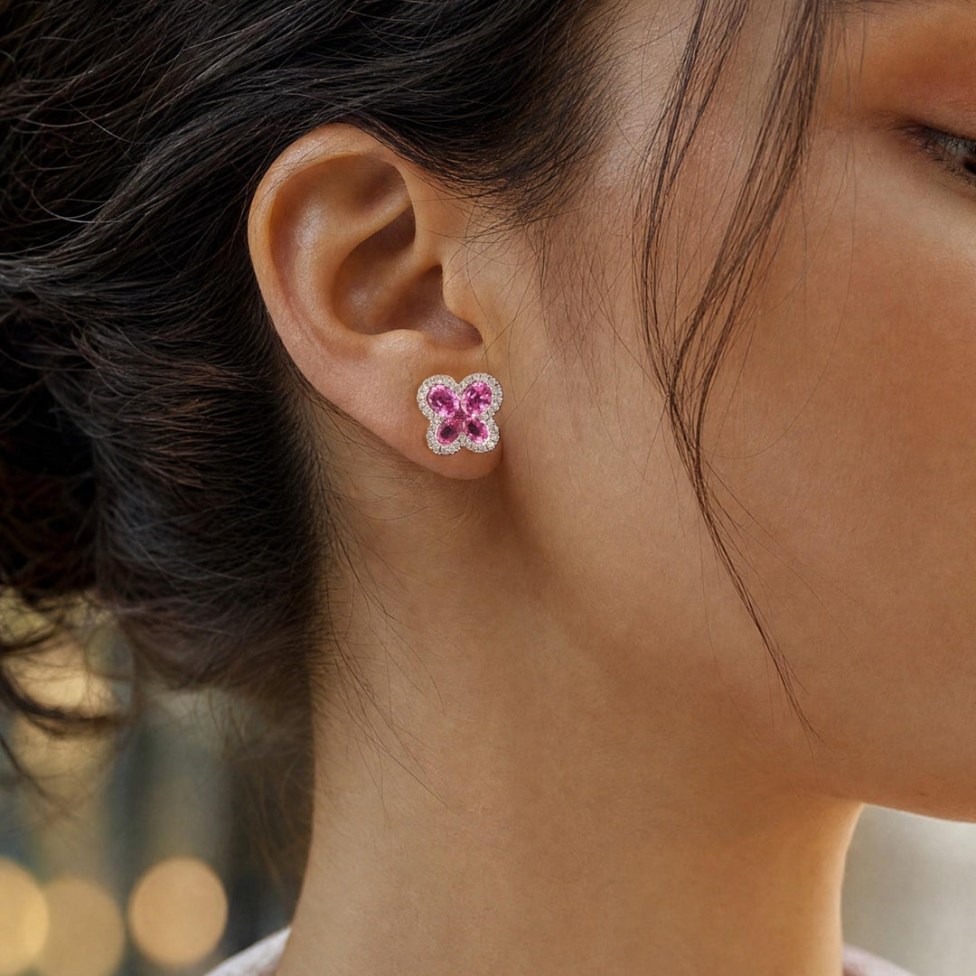 18k White Gold Pink Sapphire and 0.40cttw Diamond Butterfly Stud Earrings