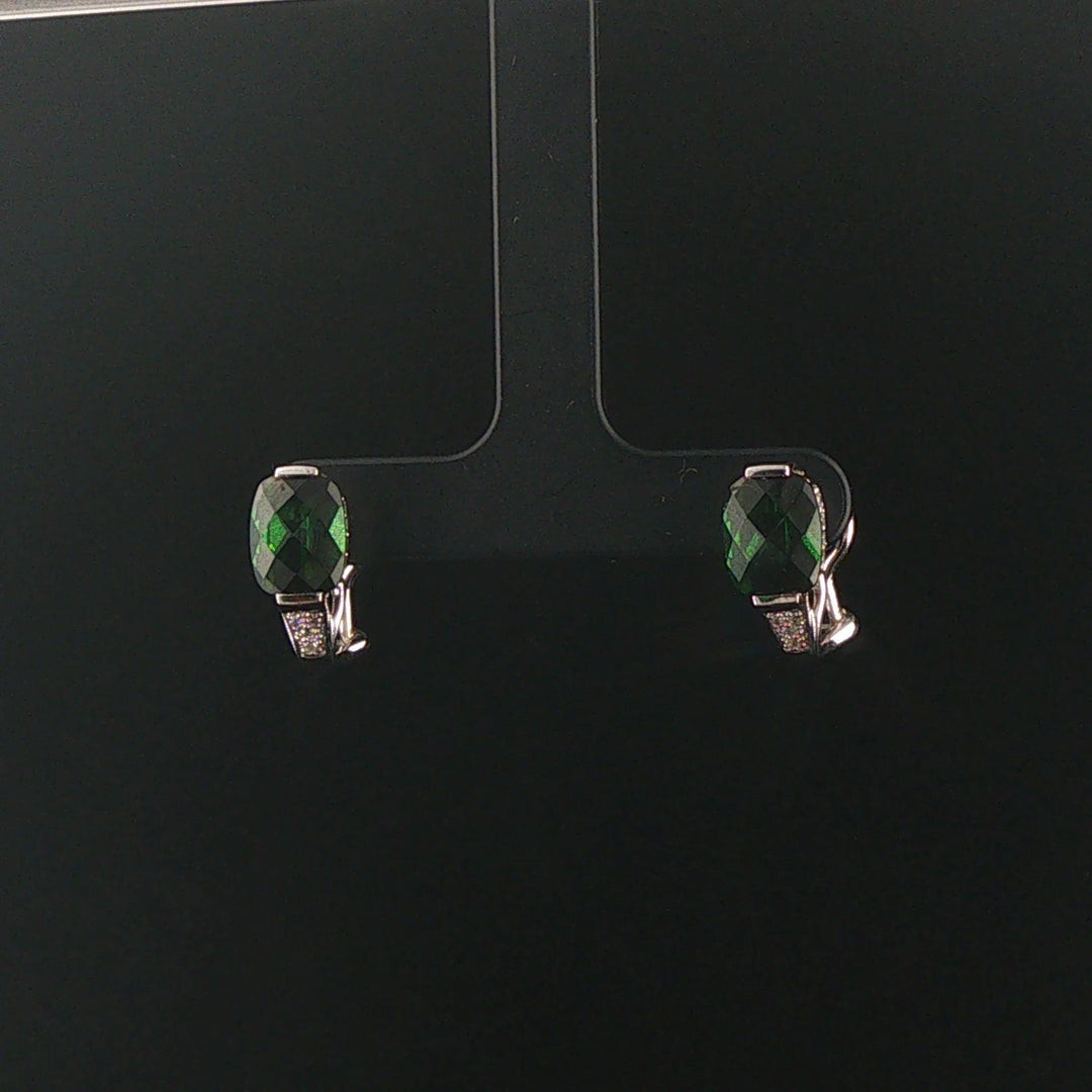 18k White Gold Green Tourmaline and Diamond Huggie Earrings