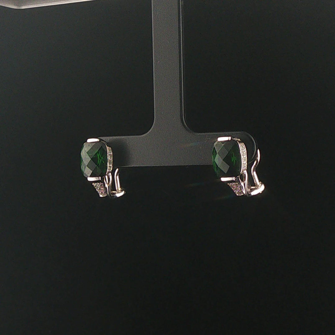 18k White Gold Green Tourmaline and Diamond Huggie Earrings