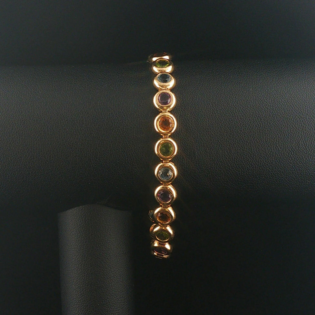 14k Yellow Gold 16.6g Bezel Set Multi Gemstone Circle Link Bracelet 7.25"
