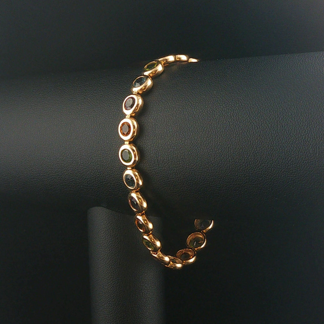 14k Yellow Gold 16.6g Bezel Set Multi Gemstone Circle Link Bracelet 7.25"