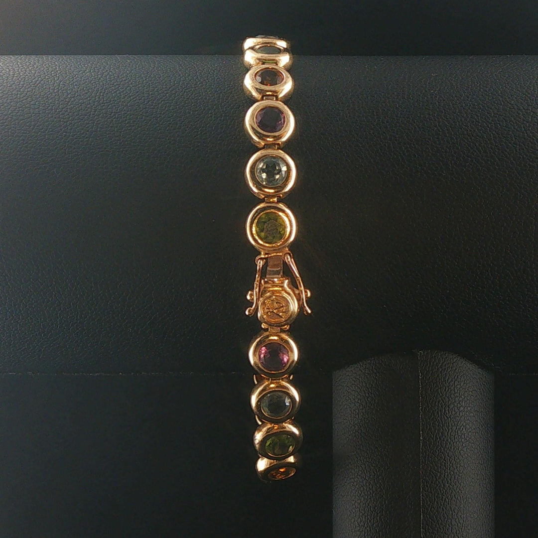 14k Yellow Gold 16.6g Bezel Set Multi Gemstone Circle Link Bracelet 7.25"