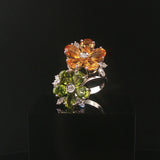 18k White Gold Citrine Peridot and 0.25cttw Diamond Bypass Floral Ring Size 7.25