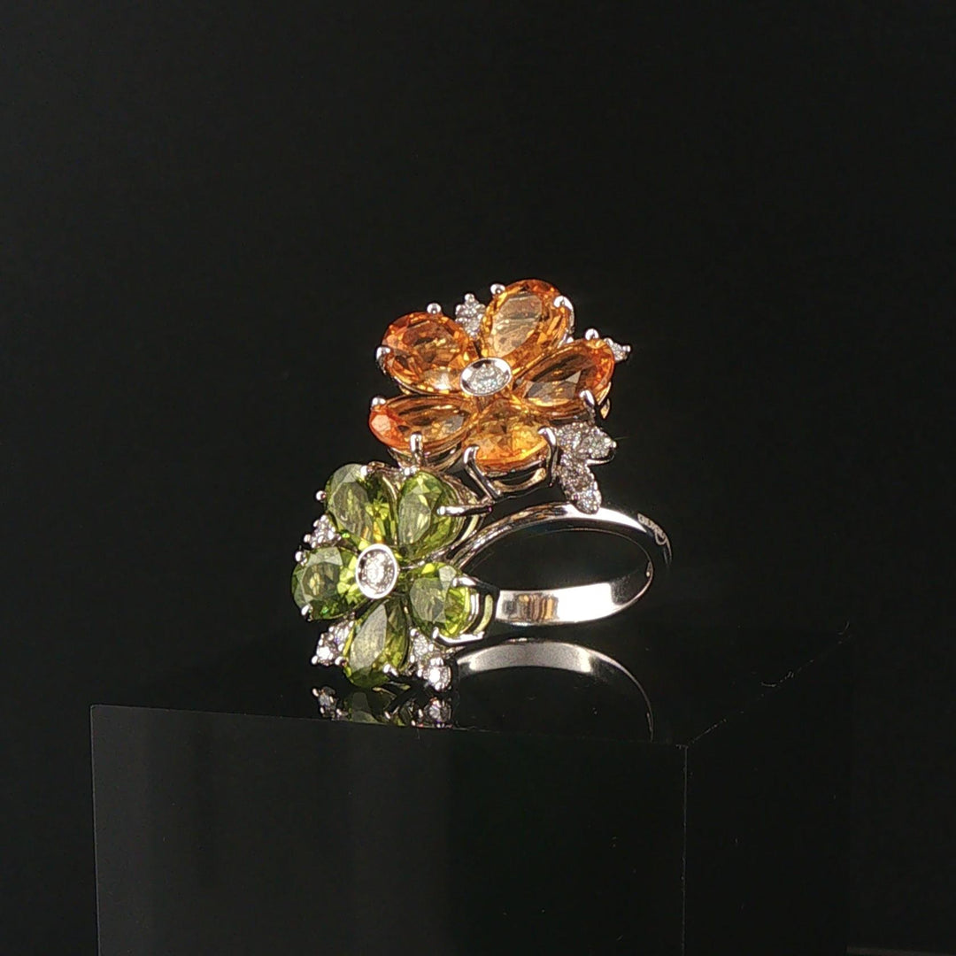 18k White Gold Citrine Peridot and 0.25cttw Diamond Bypass Floral Ring Size 7.25