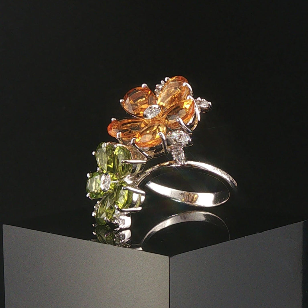 18k White Gold Citrine Peridot and 0.25cttw Diamond Bypass Floral Ring Size 7.25