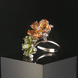 18k White Gold Citrine Peridot and 0.25cttw Diamond Bypass Floral Ring Size 7.25