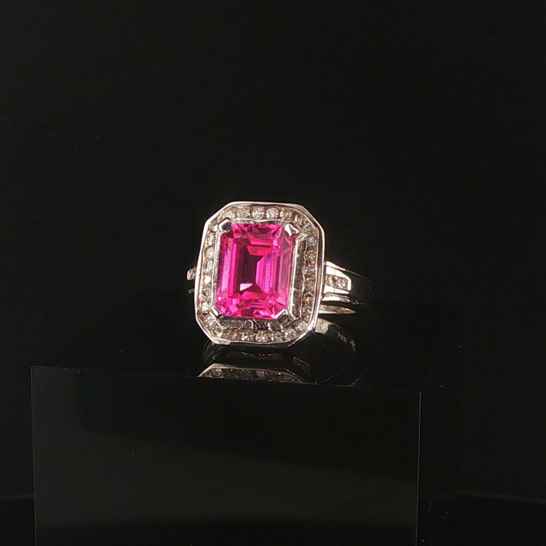 14k White Gold Pink Topaz and 0.30cttw Diamond Halo Ring Size 7