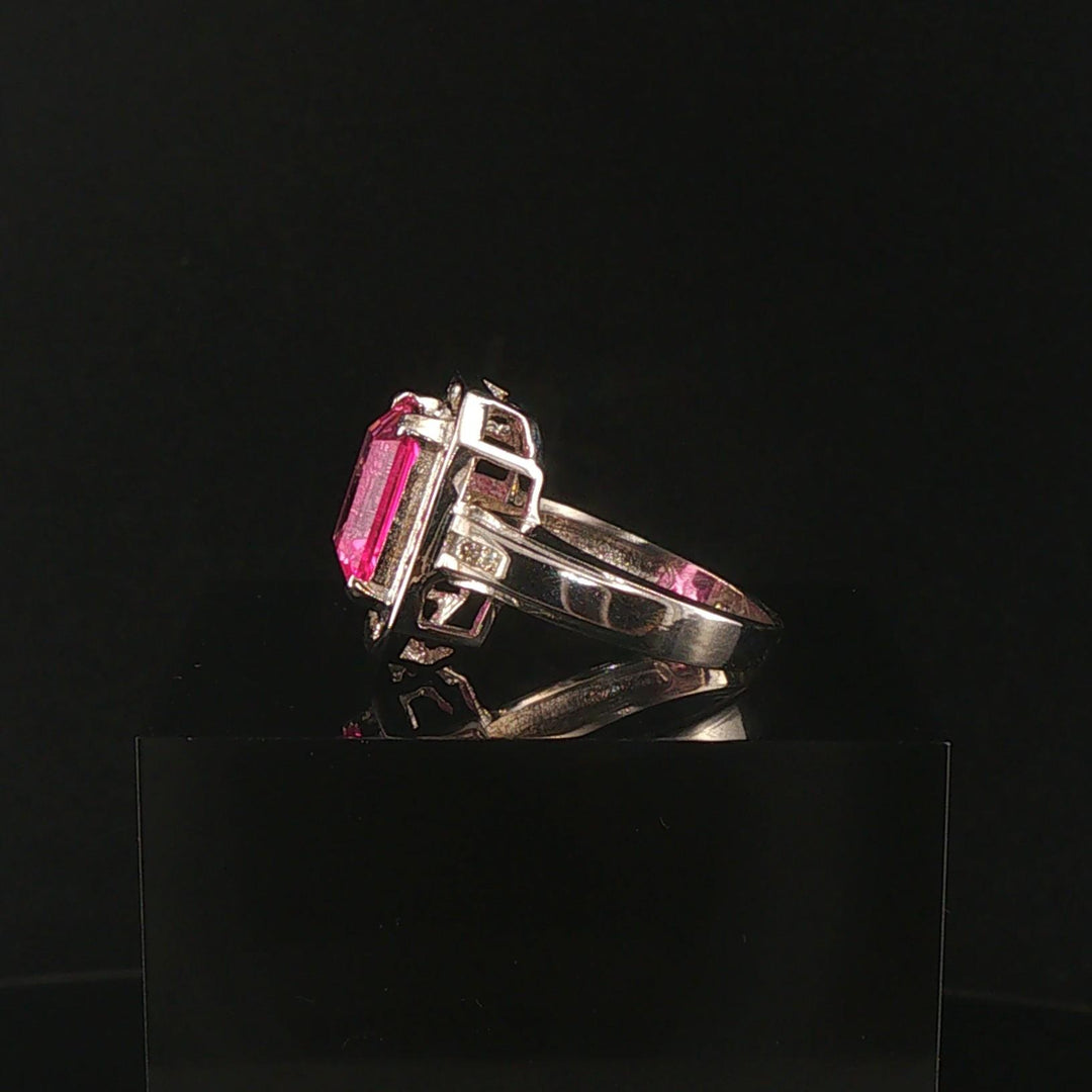 14k White Gold Pink Topaz and 0.30cttw Diamond Halo Ring Size 7