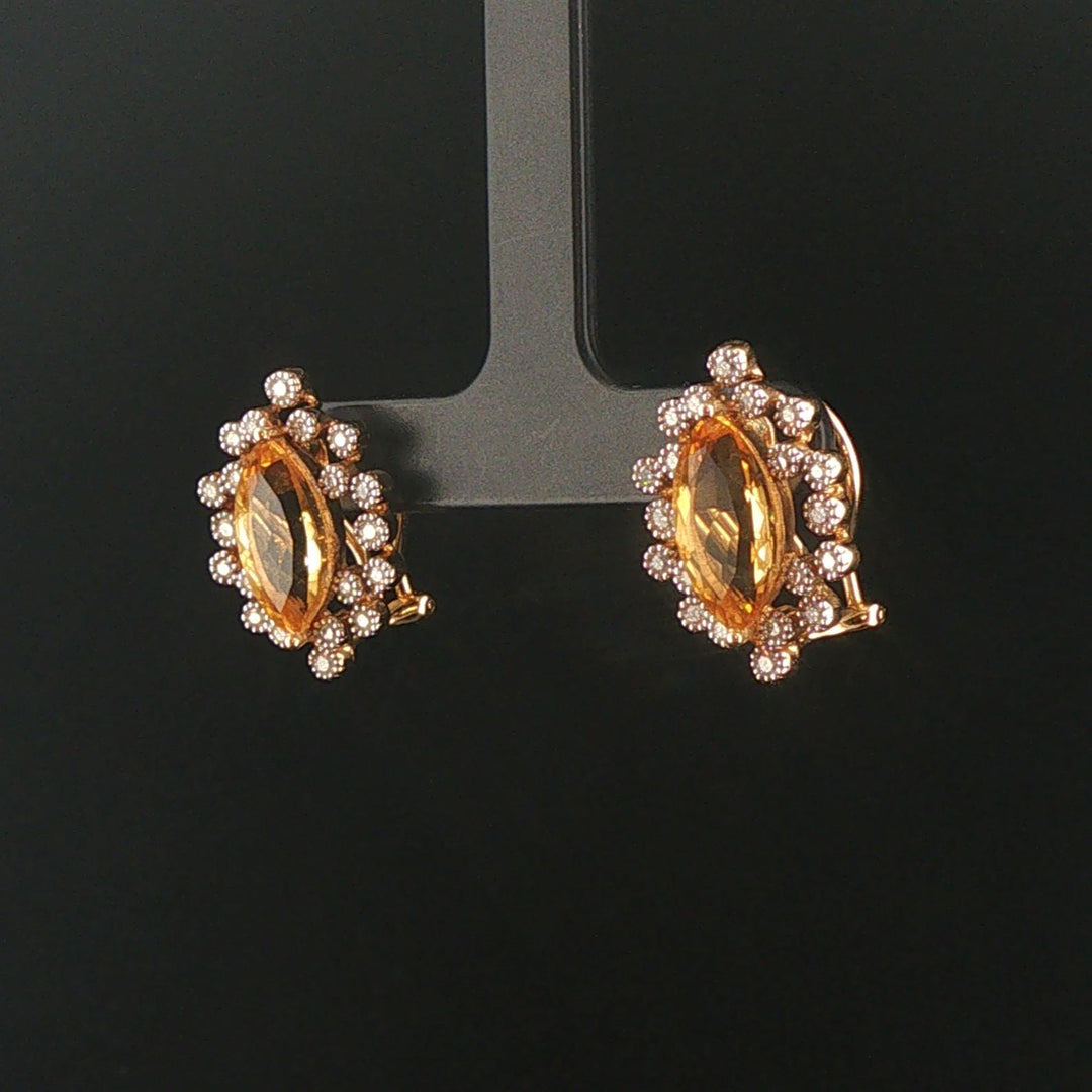 14k Yellow Gold Citrine and Diamond Halo Huggie Earrings
