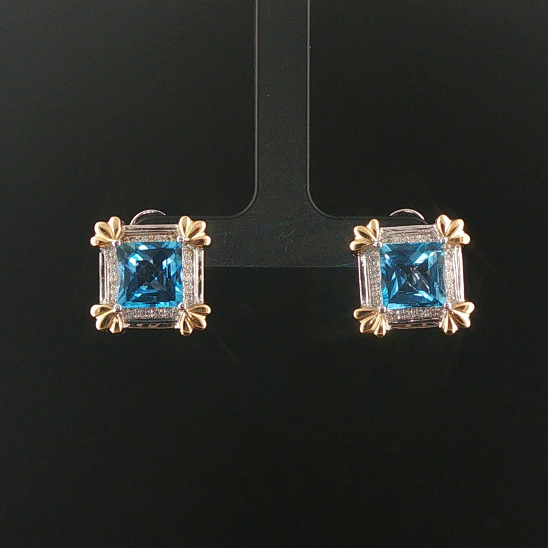 14k White and Yellow Gold Topaz and Diamond Square Stud Earrings