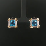 14k White and Yellow Gold Topaz and Diamond Square Stud Earrings