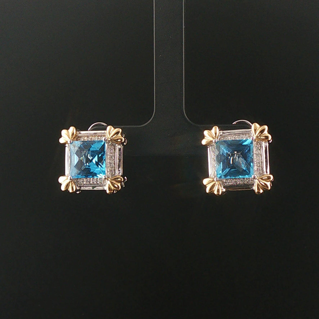 14k White and Yellow Gold Topaz and Diamond Square Stud Earrings