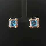 14k White and Yellow Gold Topaz and Diamond Square Stud Earrings
