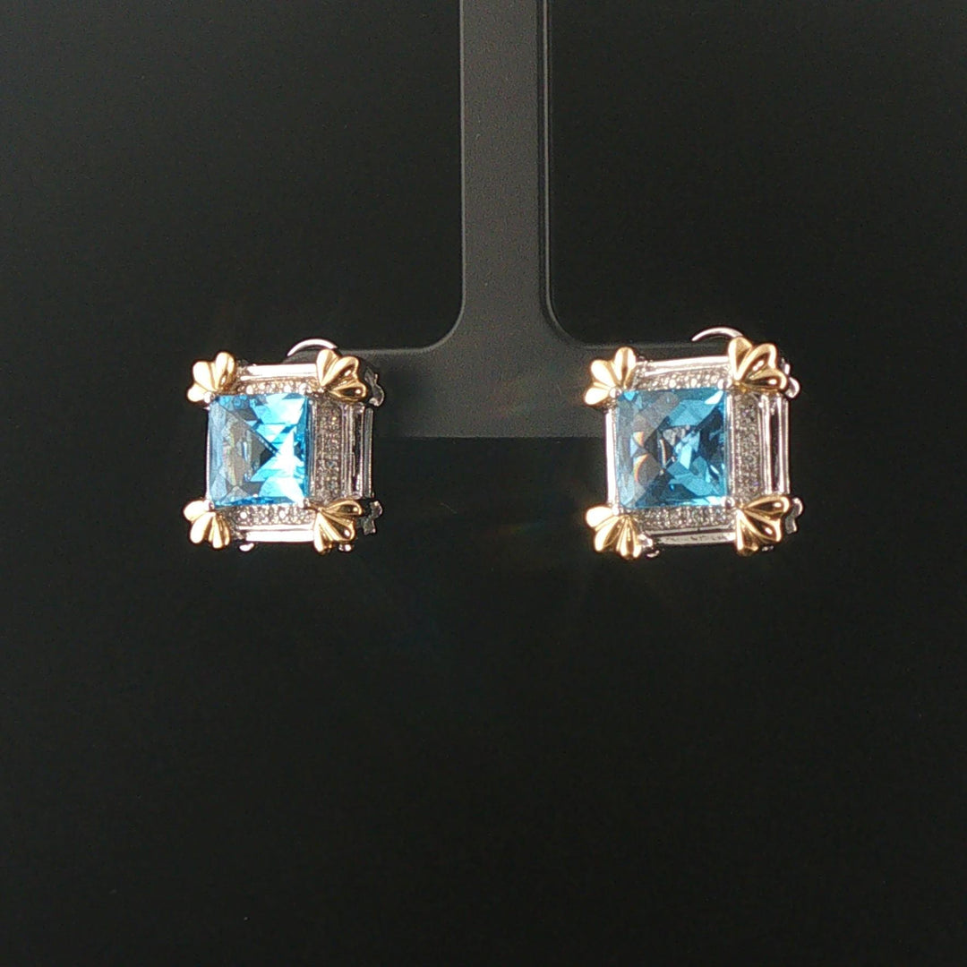 14k White and Yellow Gold Topaz and Diamond Square Stud Earrings