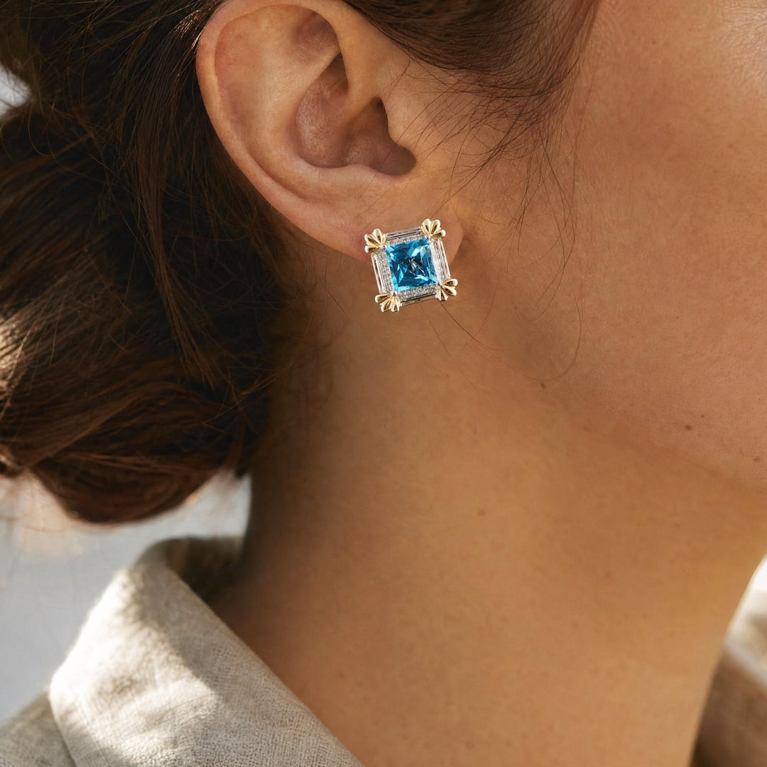 14k White and Yellow Gold Topaz and Diamond Square Stud Earrings