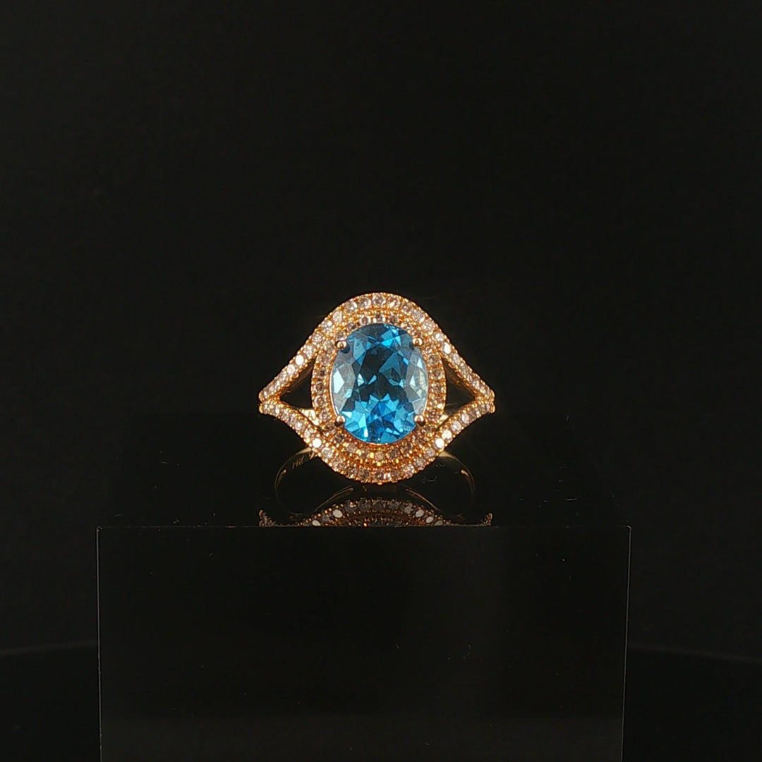 14k Yellow Gold Blue Topaz and Diamond Halo Ring Size 7