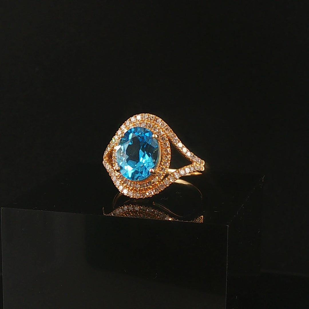 14k Yellow Gold Blue Topaz and Diamond Halo Ring Size 7