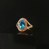 14k Yellow Gold Blue Topaz and Diamond Halo Ring Size 7
