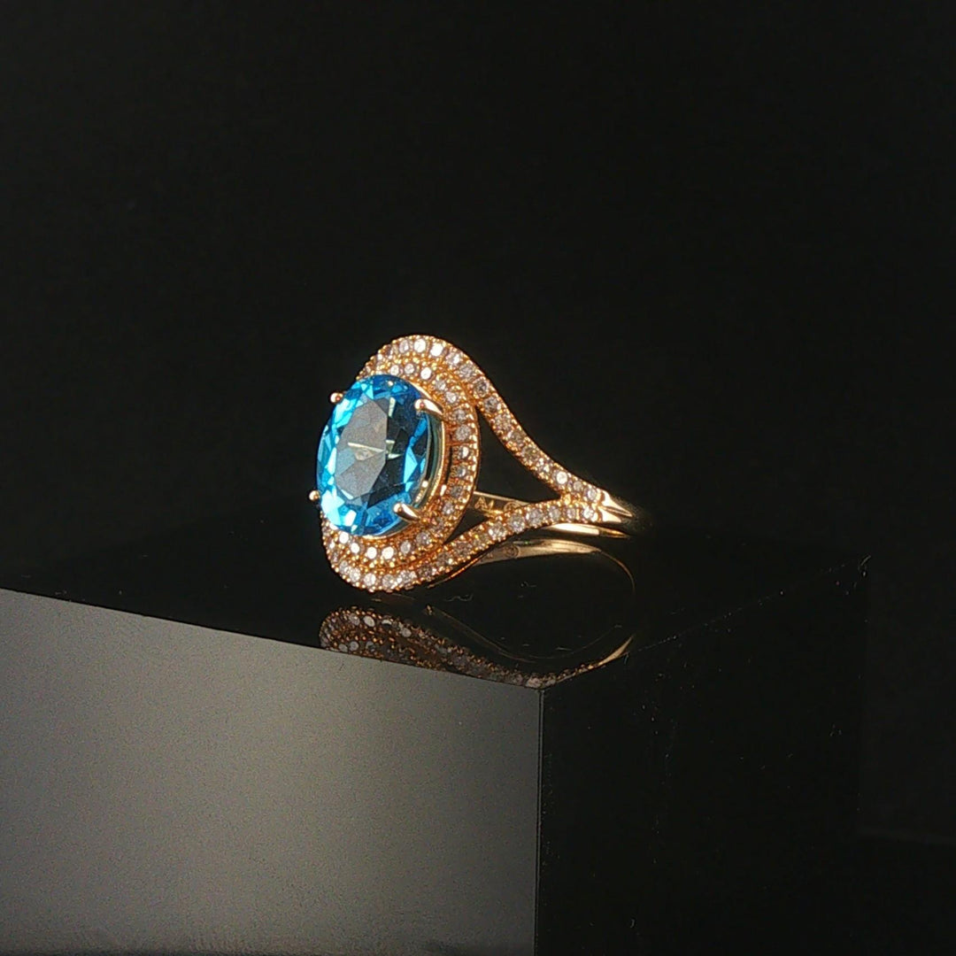 14k Yellow Gold Blue Topaz and Diamond Halo Ring Size 7