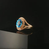 14k Yellow Gold Blue Topaz and Diamond Halo Ring Size 7