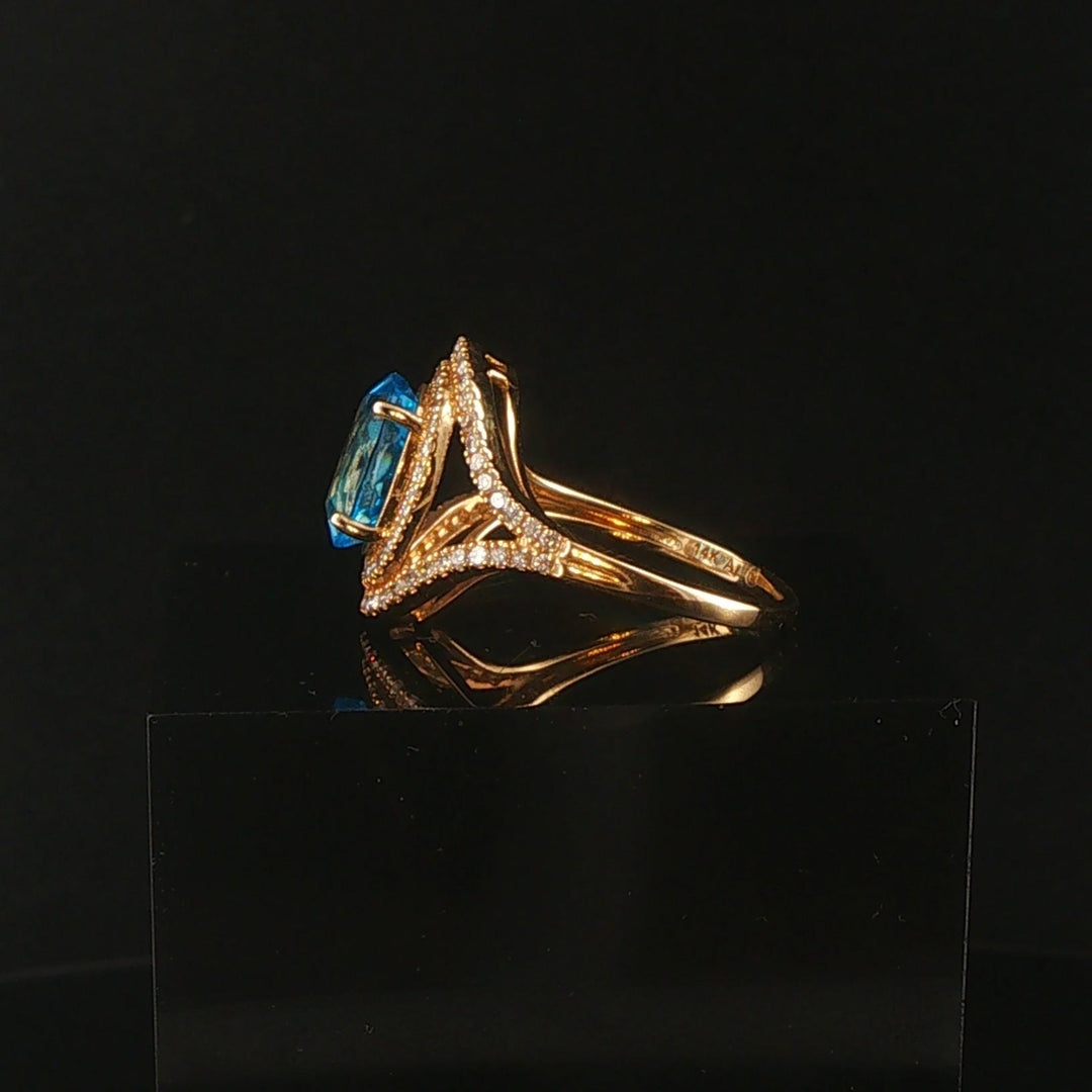 14k Yellow Gold Blue Topaz and Diamond Halo Ring Size 7