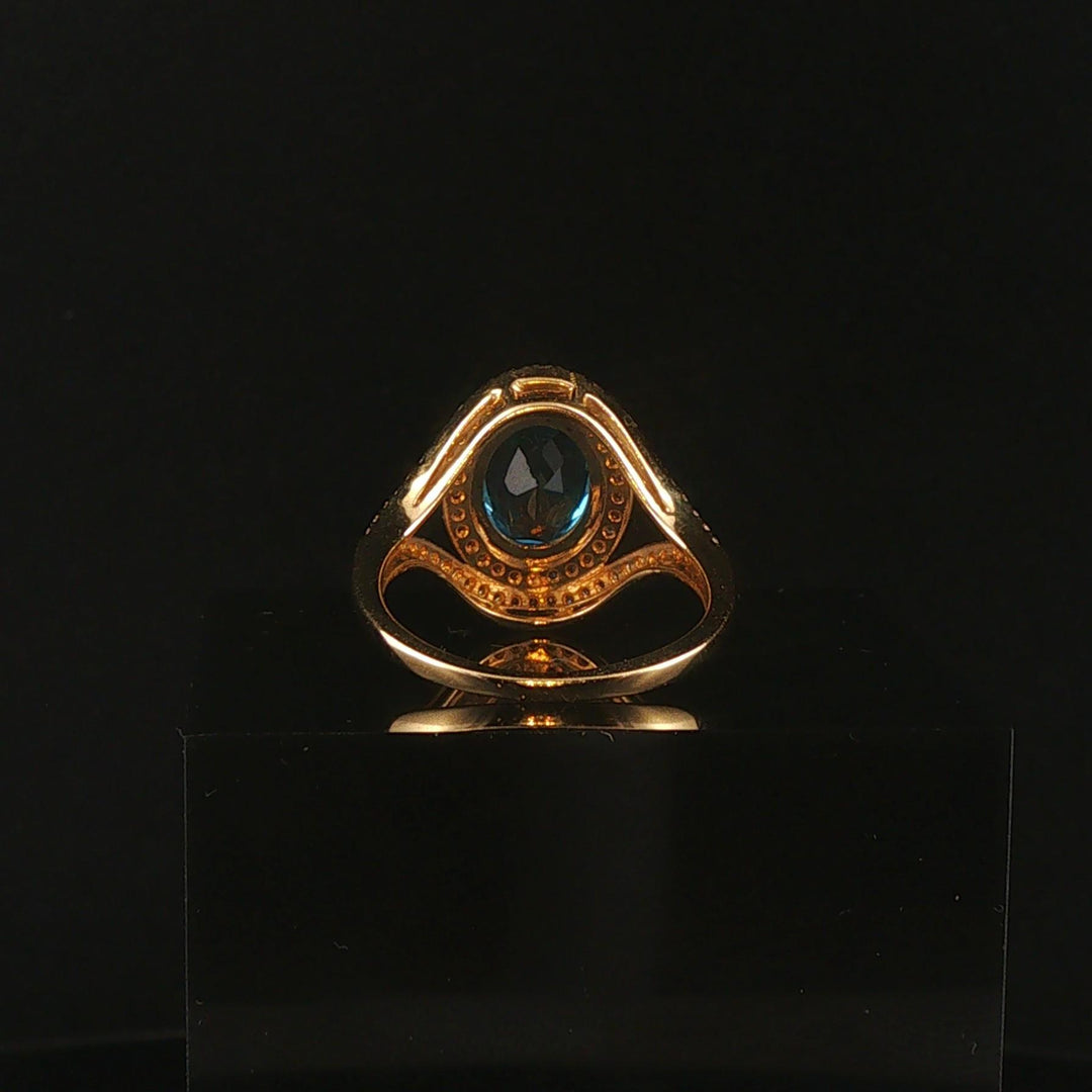 14k Yellow Gold Blue Topaz and Diamond Halo Ring Size 7
