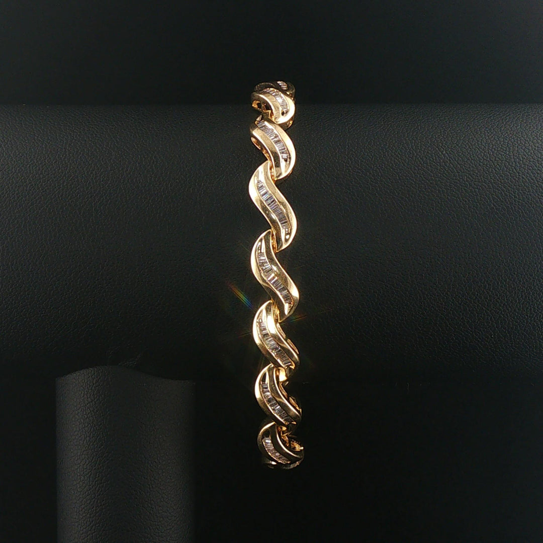 14k Yellow Gold and 2.50cttw Baguette Diamond Solid Wave Link Bracelet 7.25"