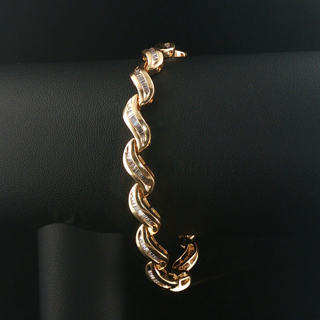 14k Yellow Gold and 2.50cttw Baguette Diamond Solid Wave Link Bracelet 7.25"