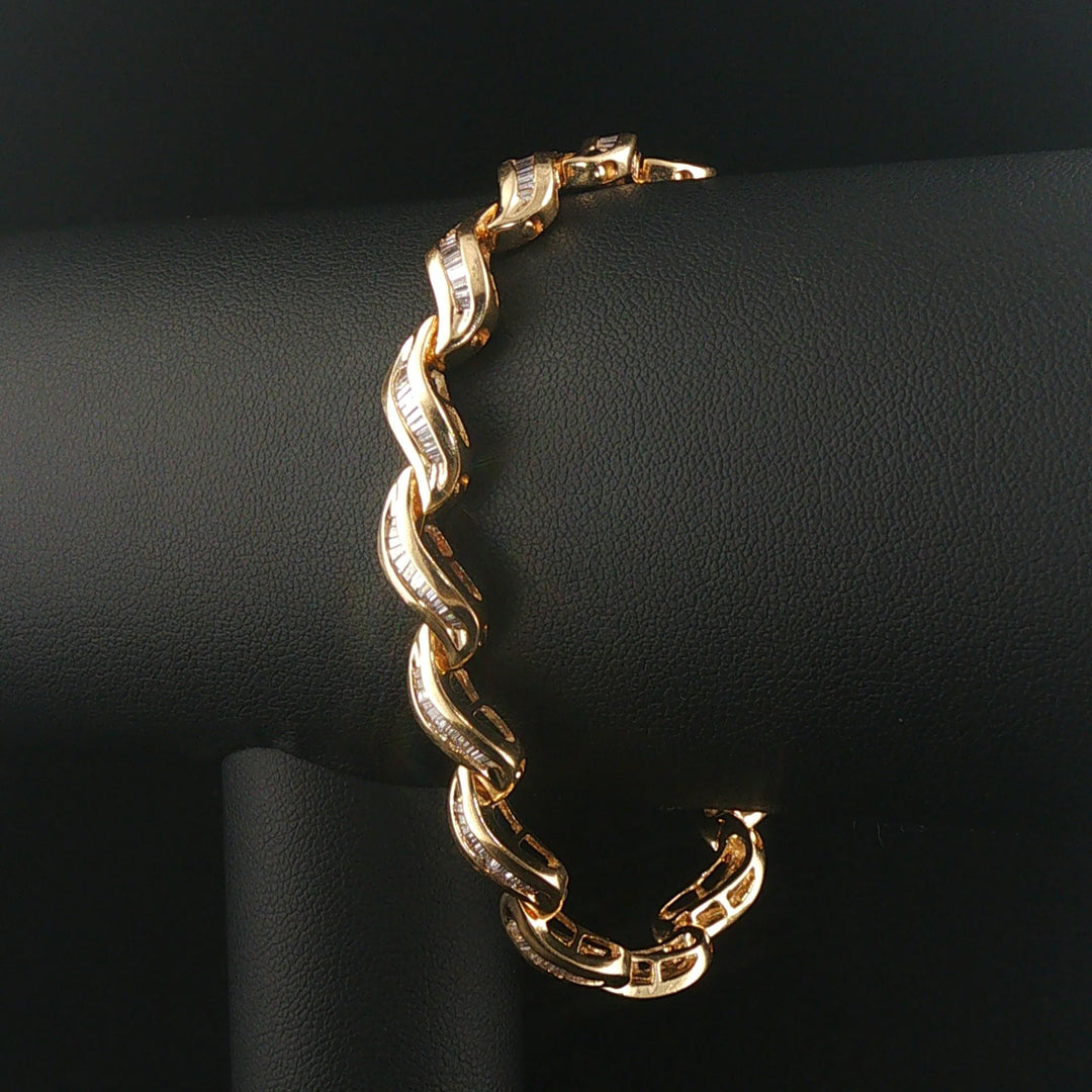 14k Yellow Gold and 2.50cttw Baguette Diamond Solid Wave Link Bracelet 7.25"