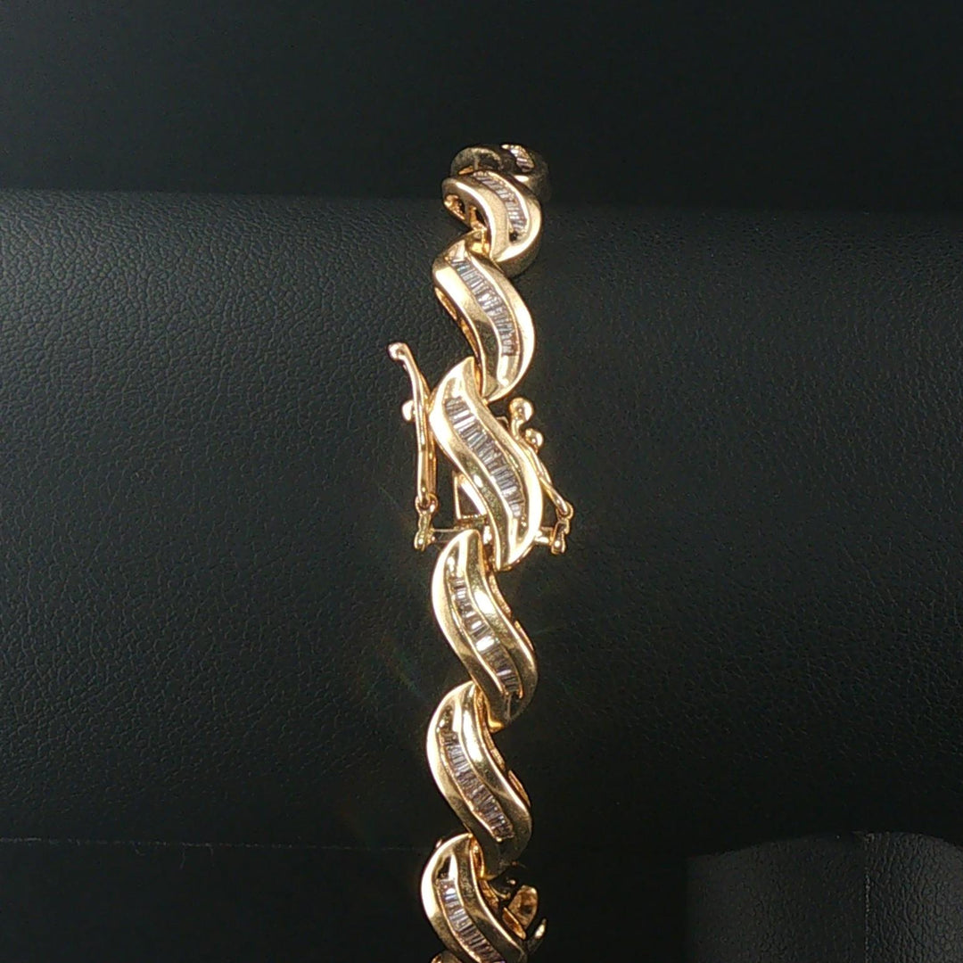 14k Yellow Gold and 2.50cttw Baguette Diamond Solid Wave Link Bracelet 7.25"