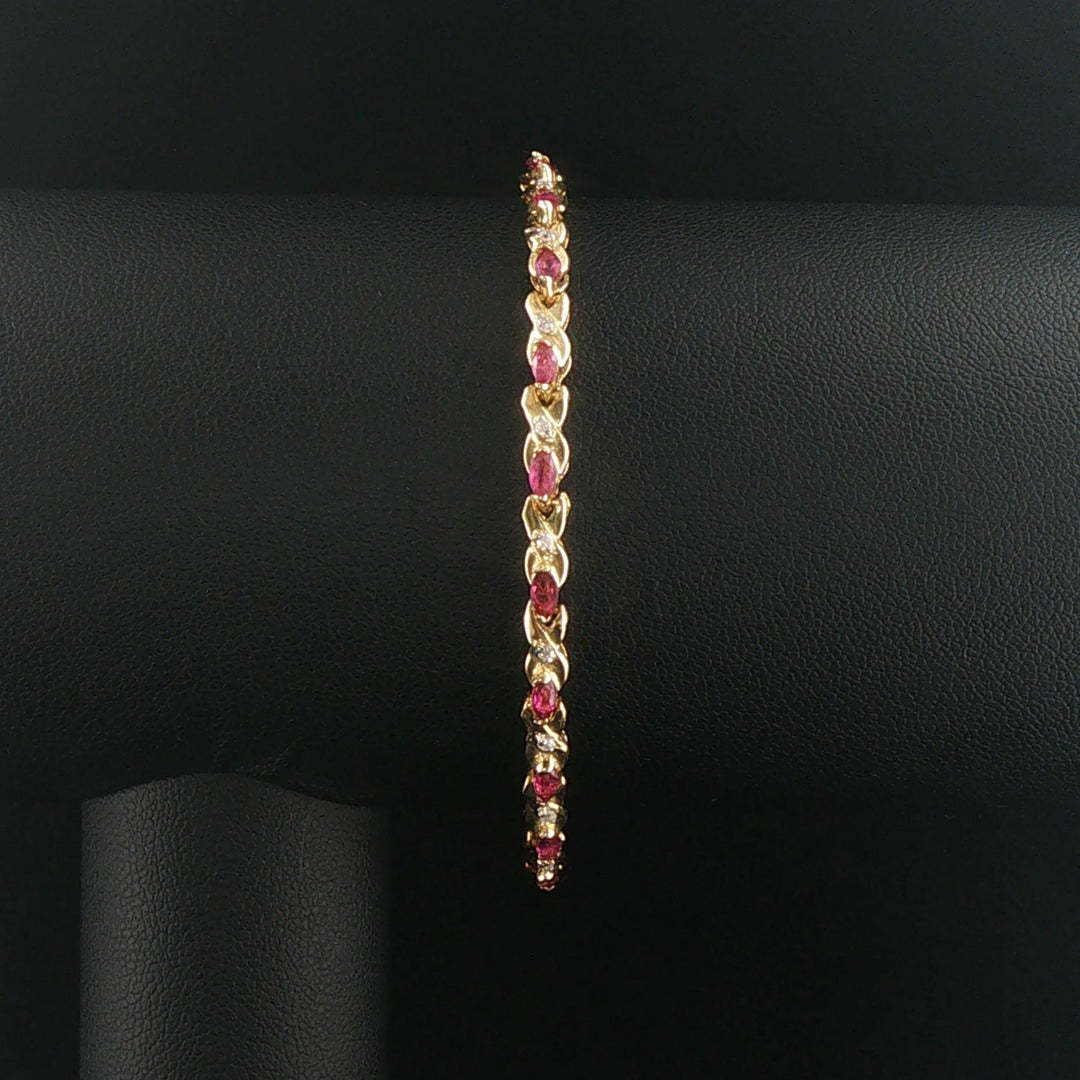 14k Yellow Gold Marquise Cut Rubies and Diamond X Link Bracelet 6.75"