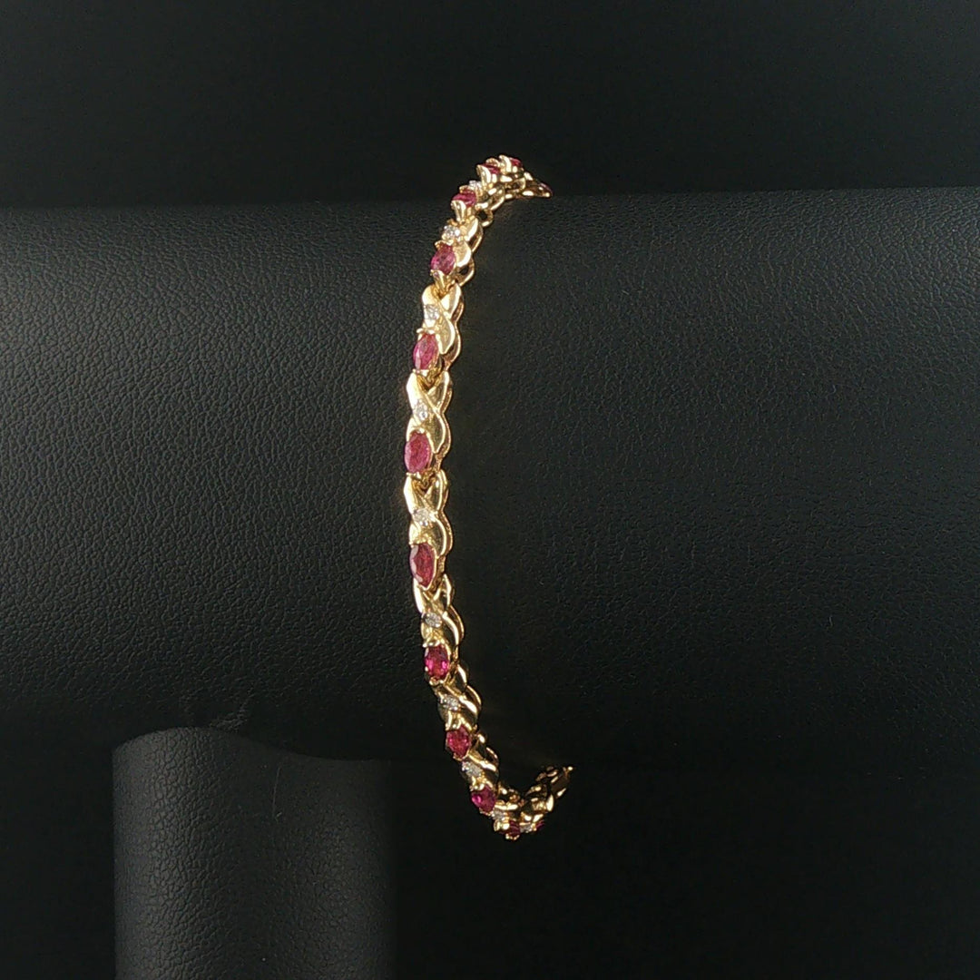 14k Yellow Gold Marquise Cut Rubies and Diamond X Link Bracelet 6.75"