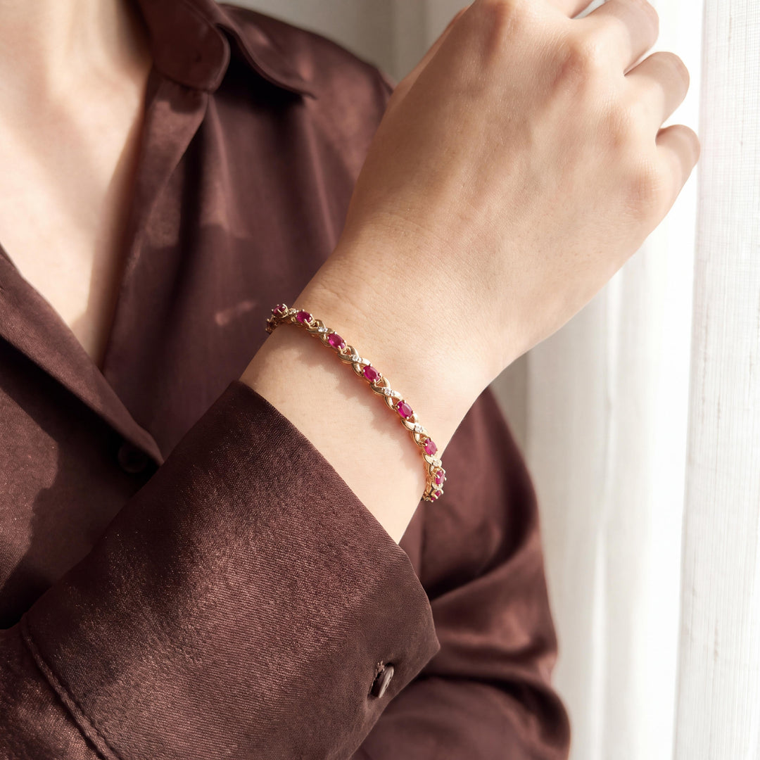 14k Yellow Gold Marquise Cut Rubies and Diamond X Link Bracelet 6.75"
