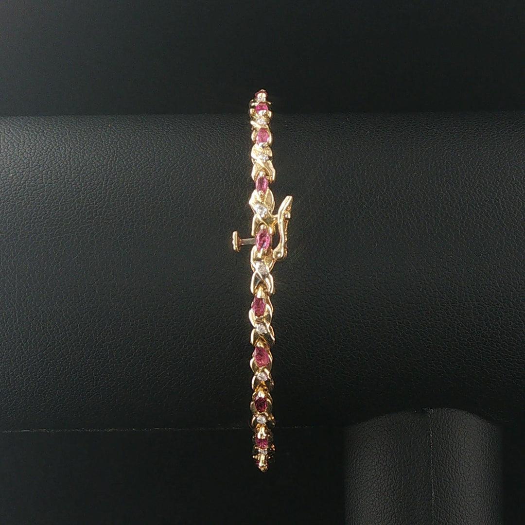 14k Yellow Gold Marquise Cut Rubies and Diamond X Link Bracelet 6.75"