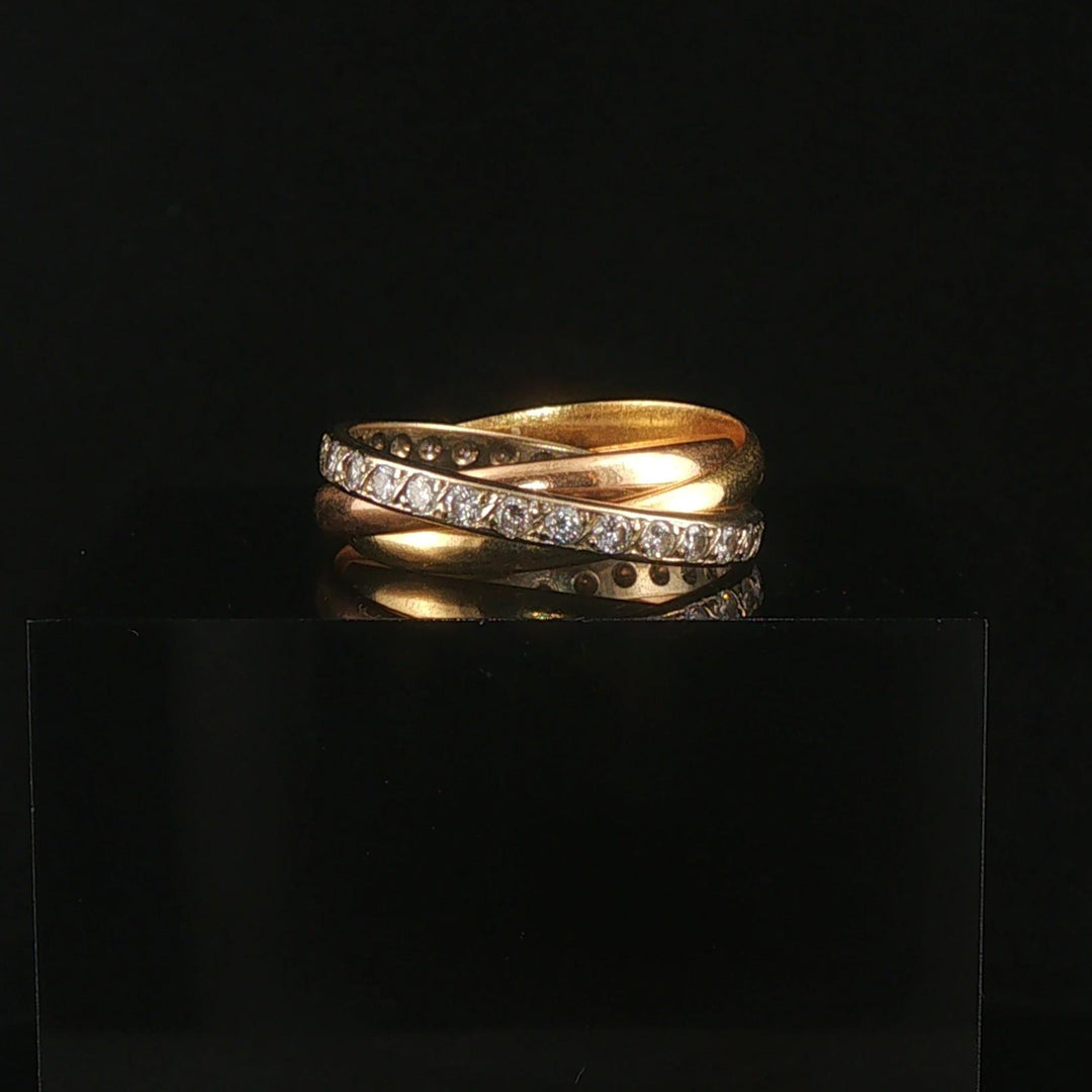 Cartier Vintage 18k Tri Tone Gold and Diamond Rolling Bands Ring Size 55