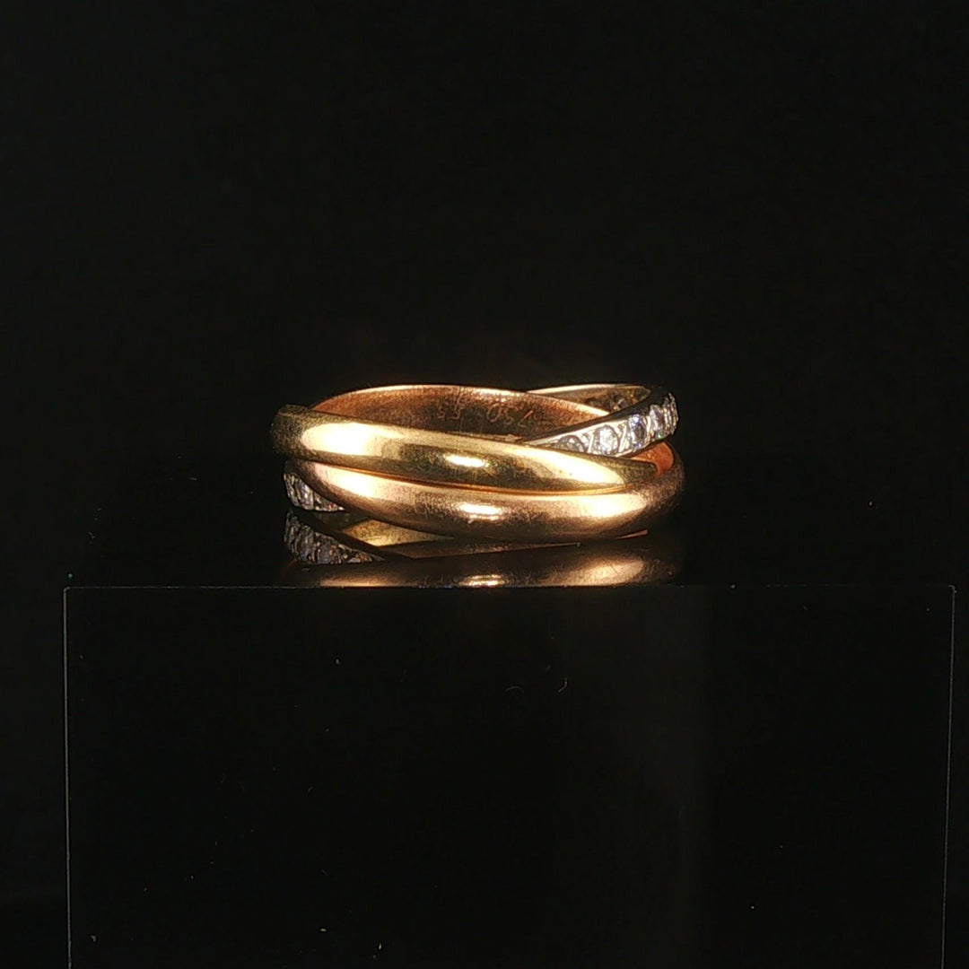 Cartier Vintage 18k Tri Tone Gold and Diamond Rolling Bands Ring Size 55