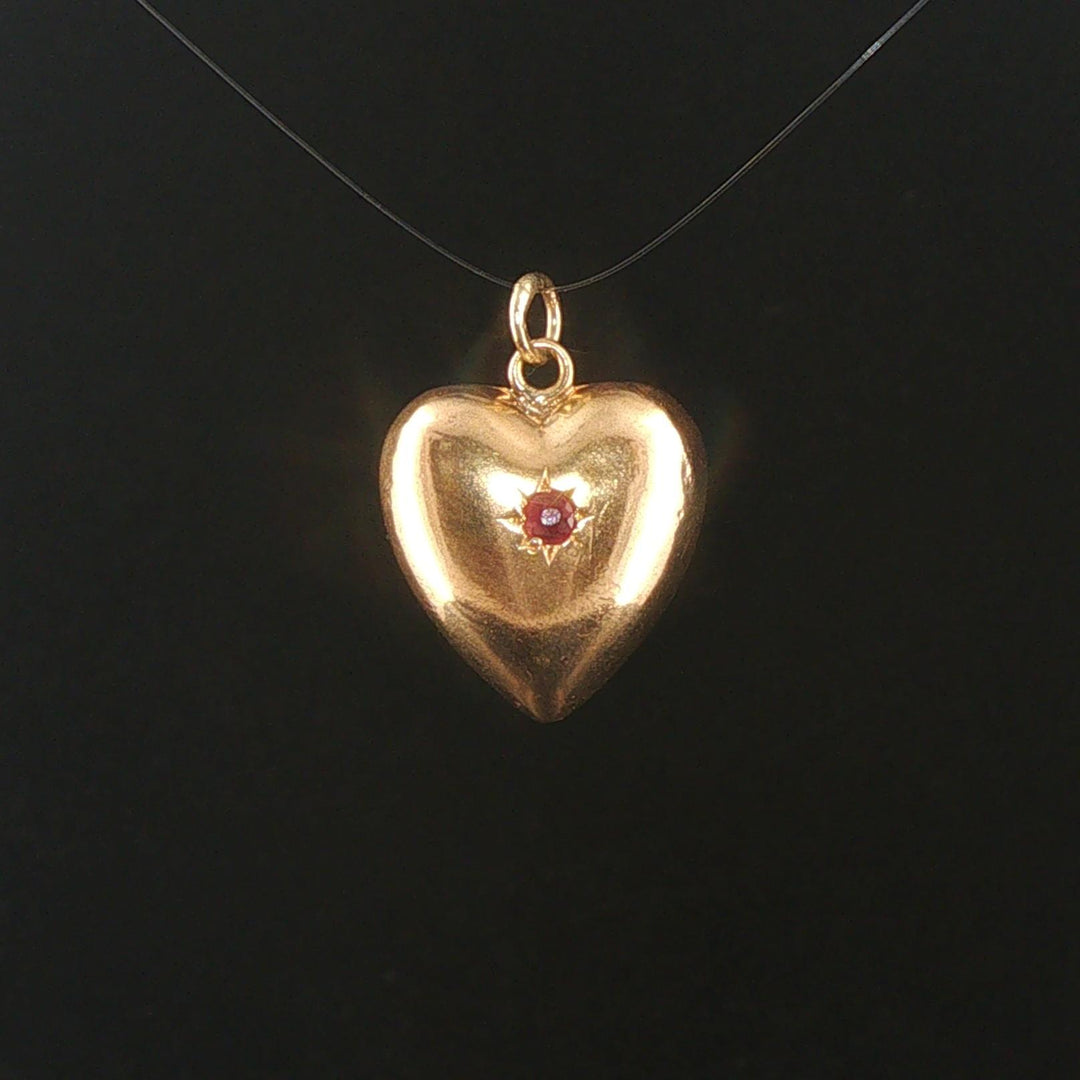 18k Yellow Gold and Ruby Vintage Puffed Heart Charm Pendant