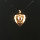 18k Yellow Gold and Ruby Vintage Puffed Heart Charm Pendant