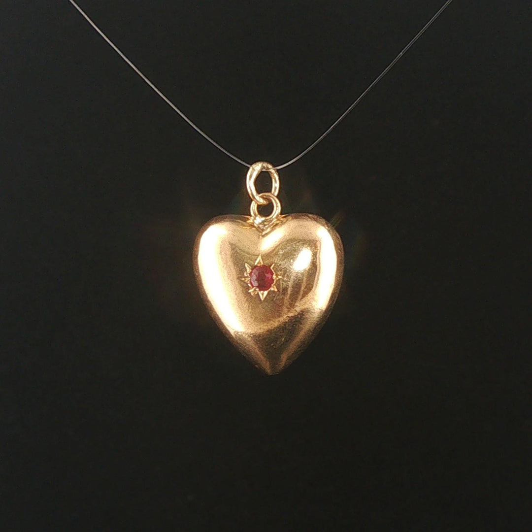 18k Yellow Gold and Ruby Vintage Puffed Heart Charm Pendant