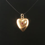 18k Yellow Gold and Ruby Vintage Puffed Heart Charm Pendant