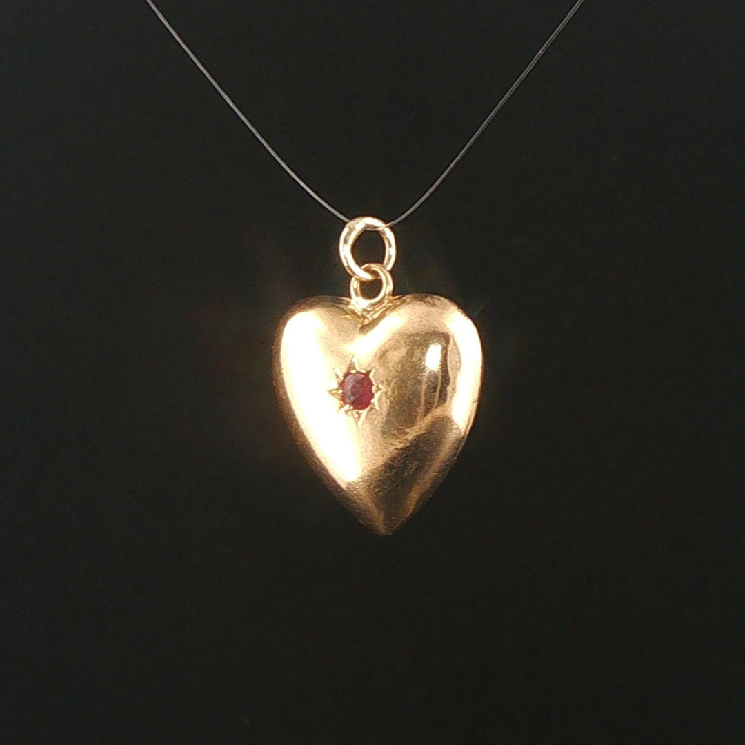 18k Yellow Gold and Ruby Vintage Puffed Heart Charm Pendant