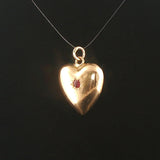 18k Yellow Gold and Ruby Vintage Puffed Heart Charm Pendant