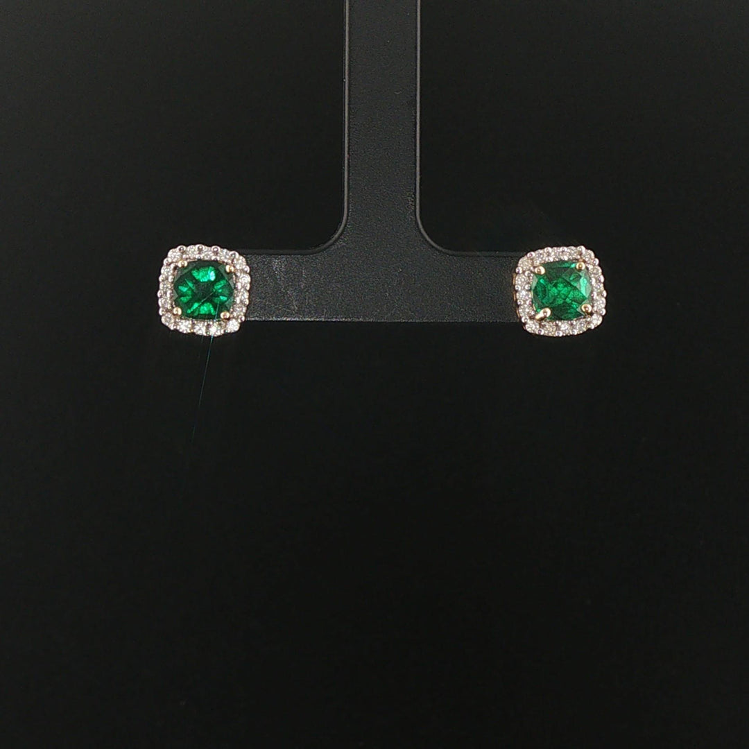 14k Yellow Gold Lab Emerald and Natural Diamond Stud Earrings