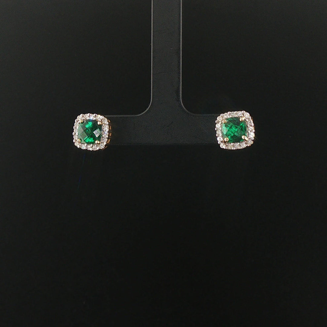 14k Yellow Gold Lab Emerald and Natural Diamond Stud Earrings