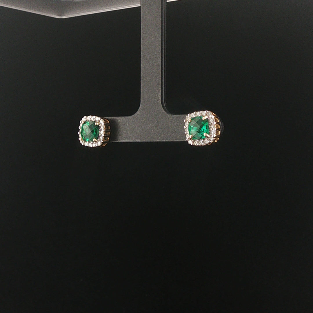 14k Yellow Gold Lab Emerald and Natural Diamond Stud Earrings