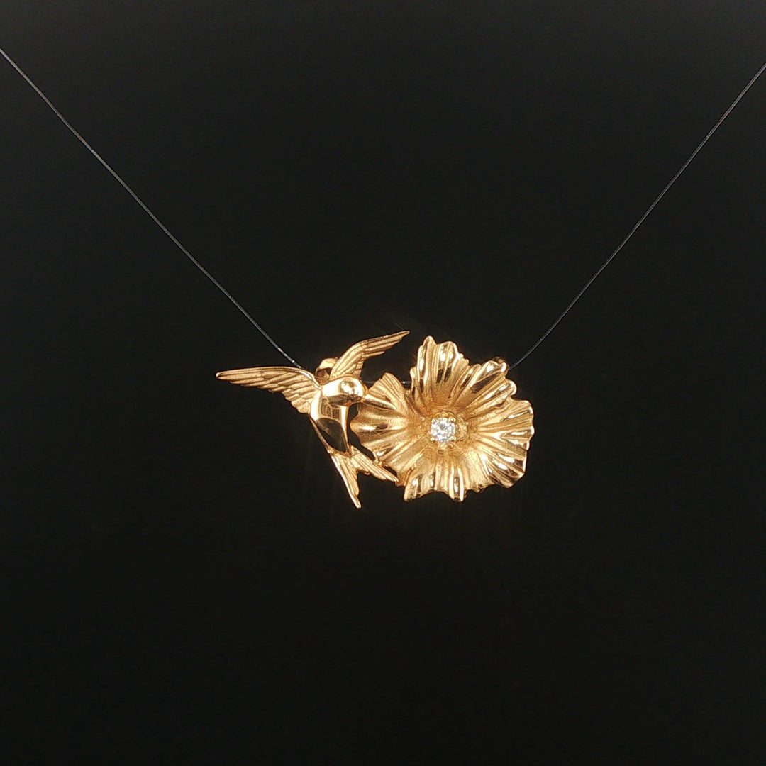 14k Yellow Gold and Diamond Vintage Hummingbird Pendant