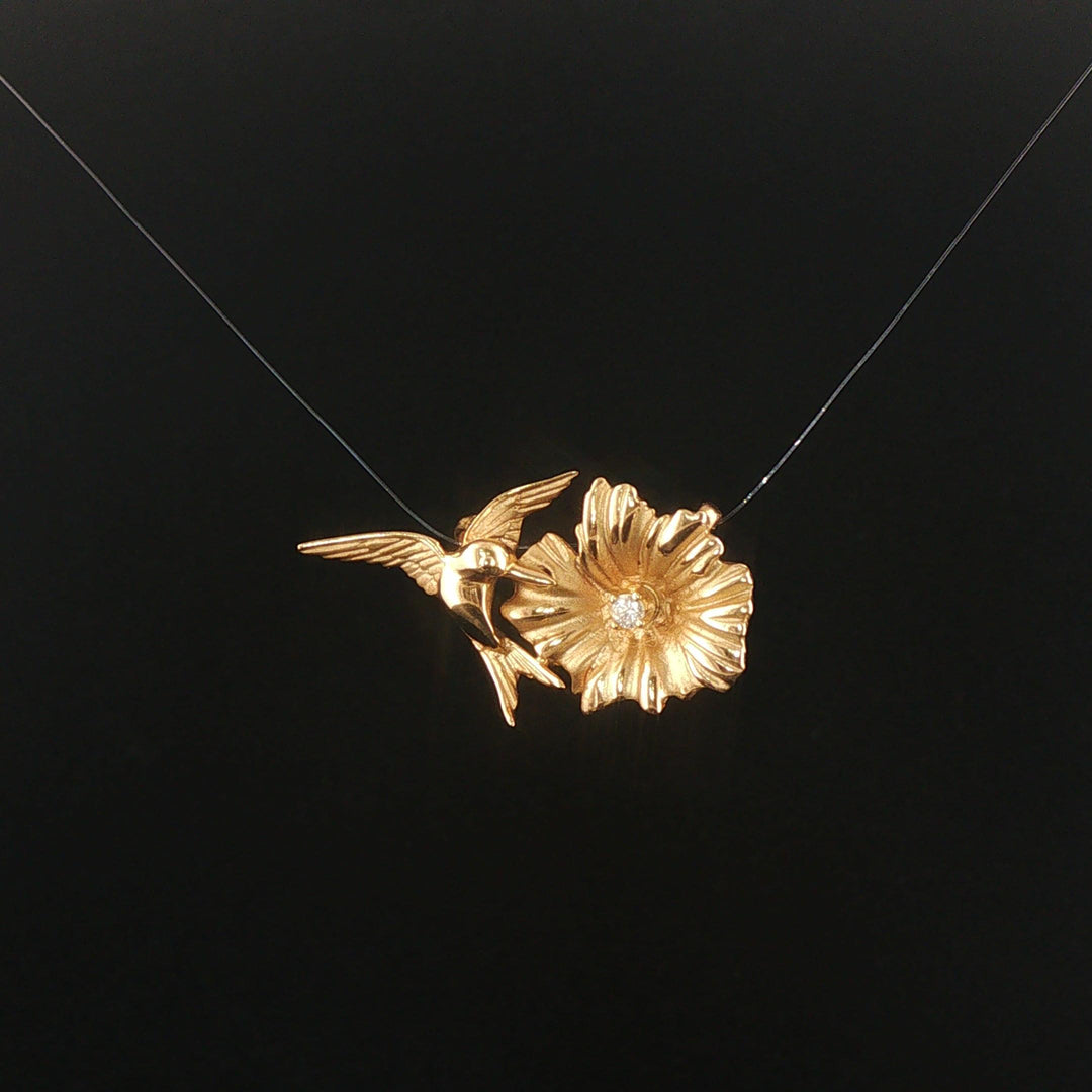 14k Yellow Gold and Diamond Vintage Hummingbird Pendant